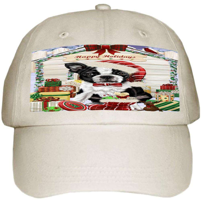 Happy Holidays Christmas Boston Terrier Dog House with Presents Ball Hat Cap HAT57798