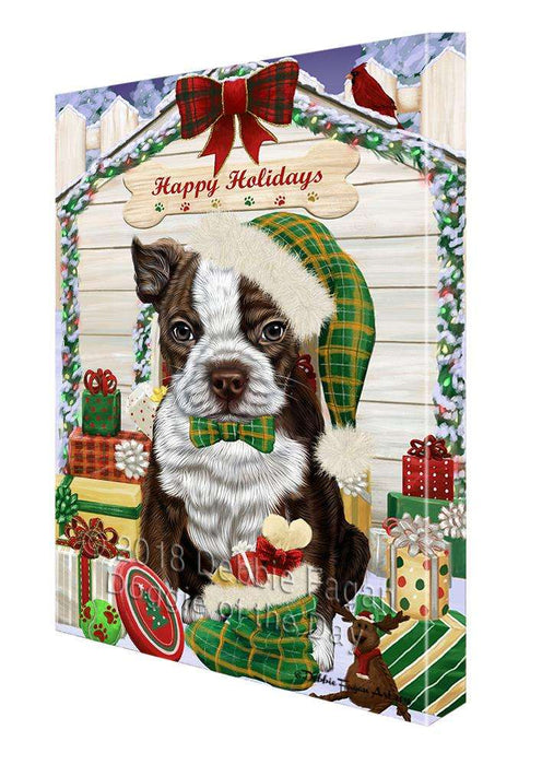 Happy Holidays Christmas Boston Terrier Dog House with Presents Canvas Print Wall Art Décor CVS78758