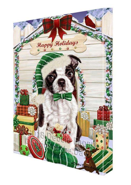 Happy Holidays Christmas Boston Terrier Dog House with Presents Canvas Print Wall Art Décor CVS78767