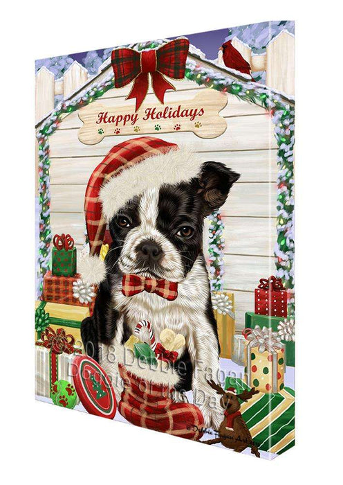 Happy Holidays Christmas Boston Terrier Dog House with Presents Canvas Print Wall Art Décor CVS78776