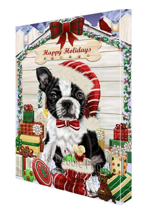 Happy Holidays Christmas Boston Terrier Dog House with Presents Canvas Print Wall Art Décor CVS78785