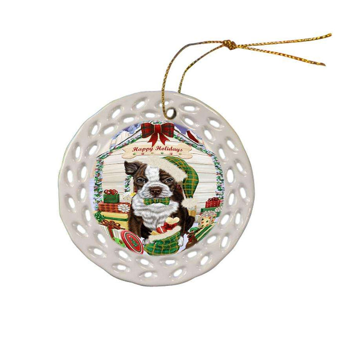 Happy Holidays Christmas Boston Terrier Dog House with Presents Ceramic Doily Ornament DPOR51352