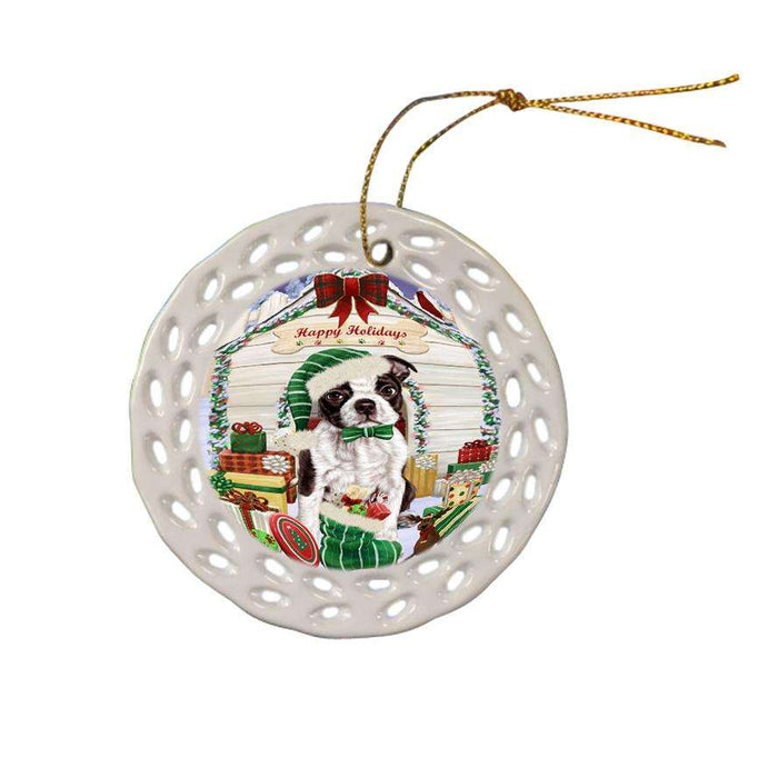 Happy Holidays Christmas Boston Terrier Dog House with Presents Ceramic Doily Ornament DPOR51353