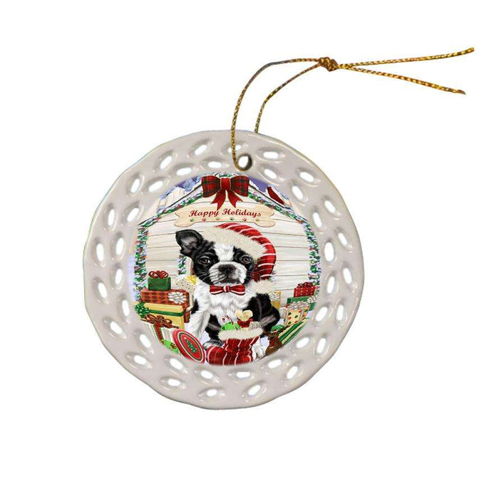 Happy Holidays Christmas Boston Terrier Dog House with Presents Ceramic Doily Ornament DPOR51355
