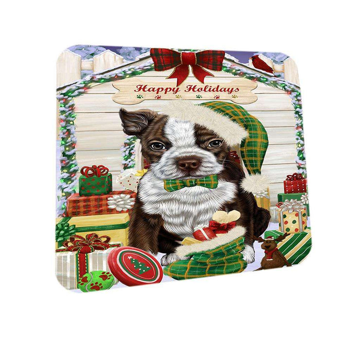 Happy Holidays Christmas Boston Terrier Dog House with Presents Coasters Set of 4 CST51311