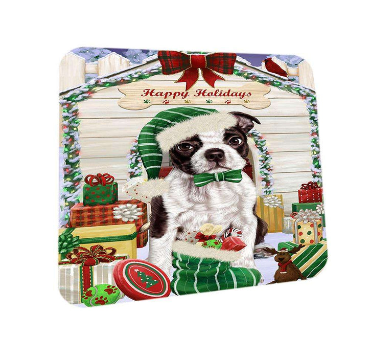 Happy Holidays Christmas Boston Terrier Dog House with Presents Coasters Set of 4 CST51312