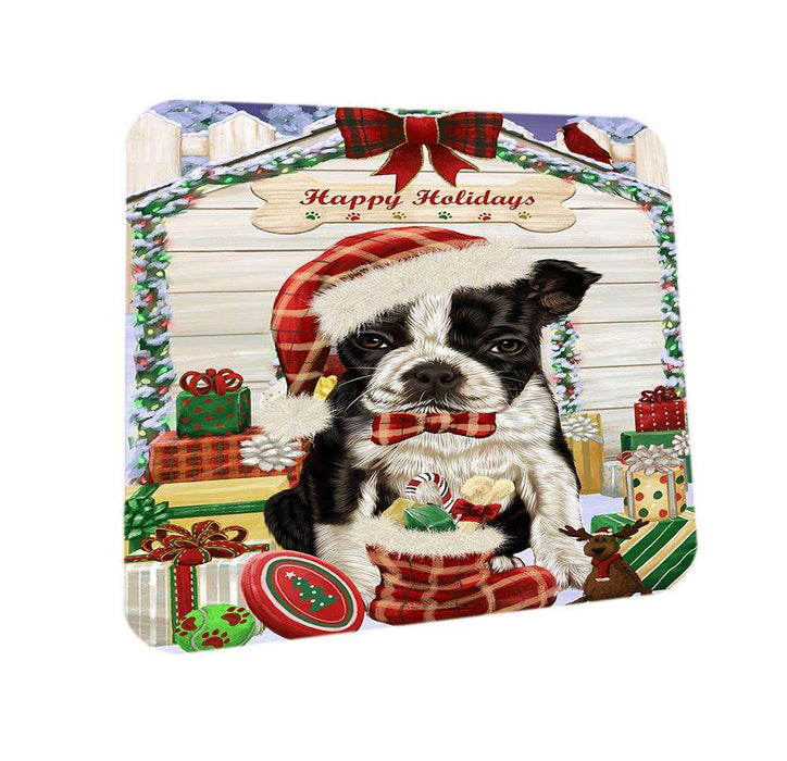Happy Holidays Christmas Boston Terrier Dog House with Presents Coasters Set of 4 CST51313