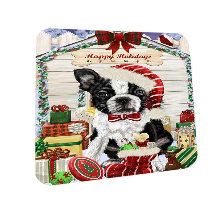 Happy Holidays Christmas Boston Terrier Dog House with Presents Coasters Set of 4 CST51314