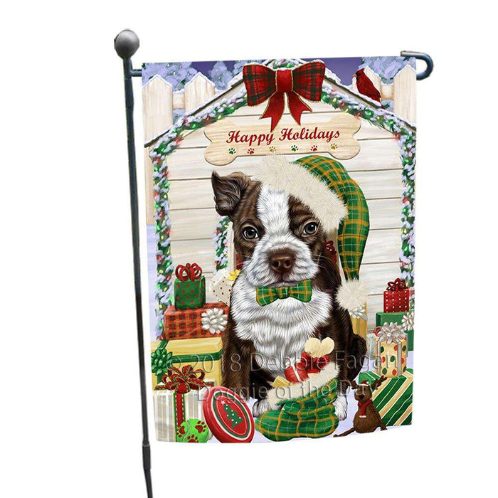 Happy Holidays Christmas Boston Terrier Dog House with Presents Garden Flag GFLG51274