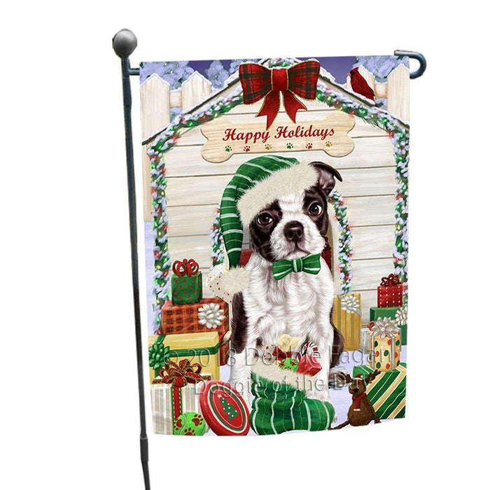 Happy Holidays Christmas Boston Terrier Dog House with Presents Garden Flag GFLG51275
