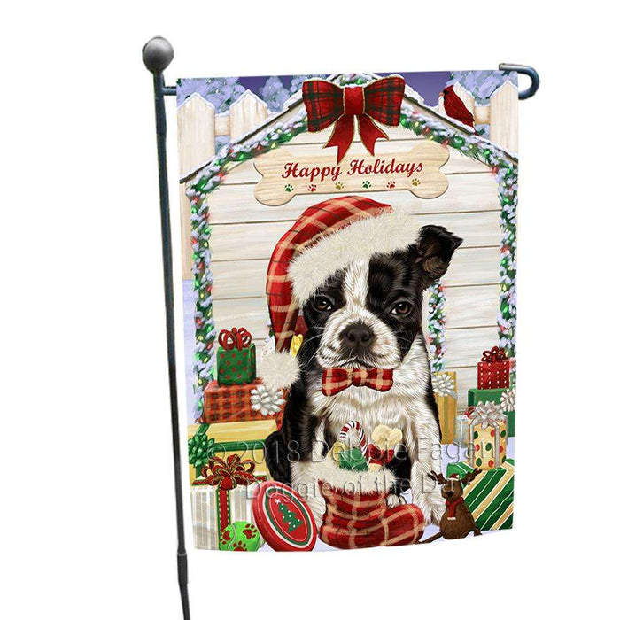Happy Holidays Christmas Boston Terrier Dog House with Presents Garden Flag GFLG51276