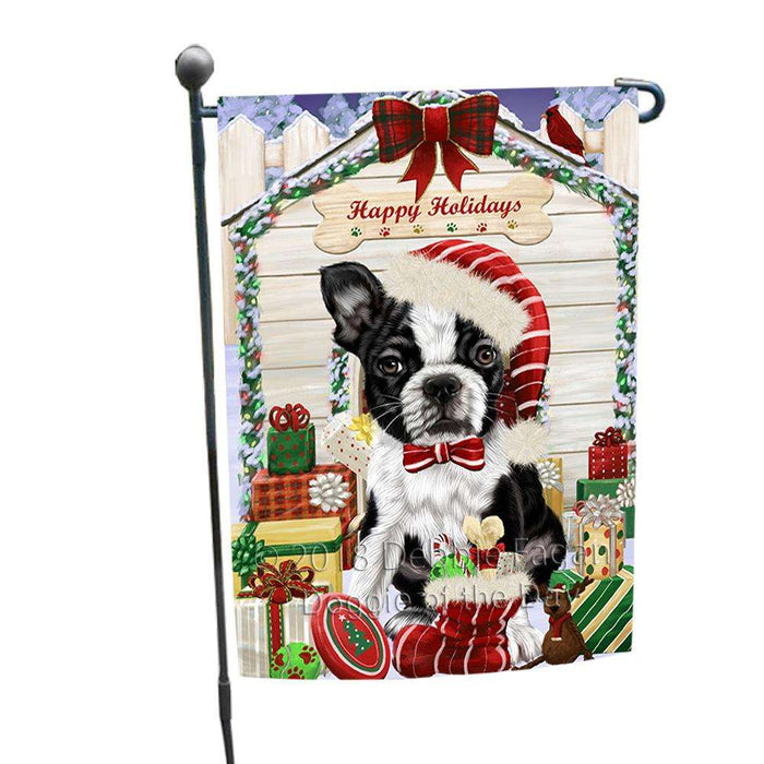 Happy Holidays Christmas Boston Terrier Dog House with Presents Garden Flag GFLG51277