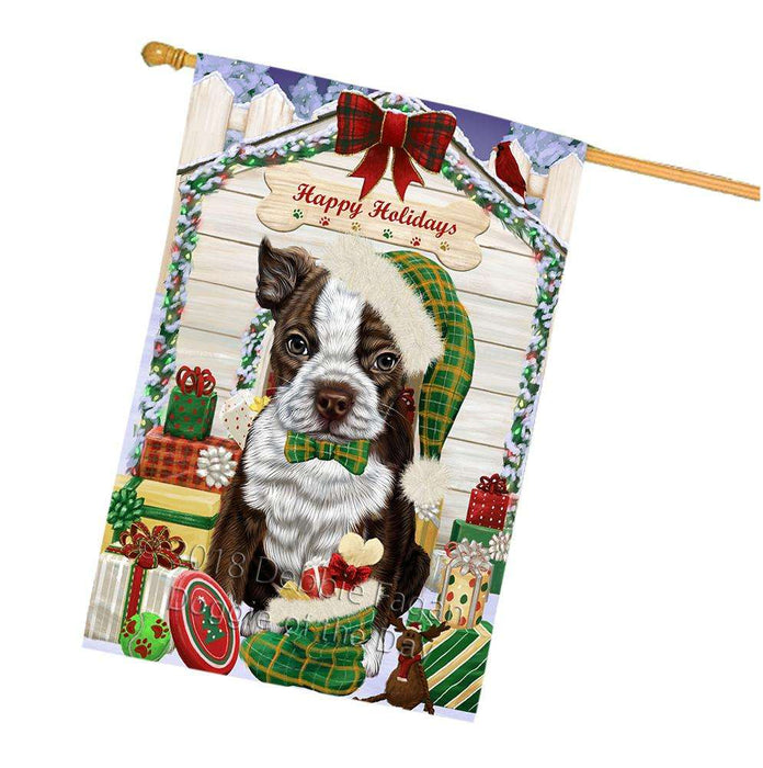 Happy Holidays Christmas Boston Terrier Dog House with Presents House Flag FLG51410