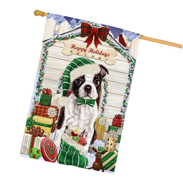 Happy Holidays Christmas Boston Terrier Dog House with Presents House Flag FLG51411