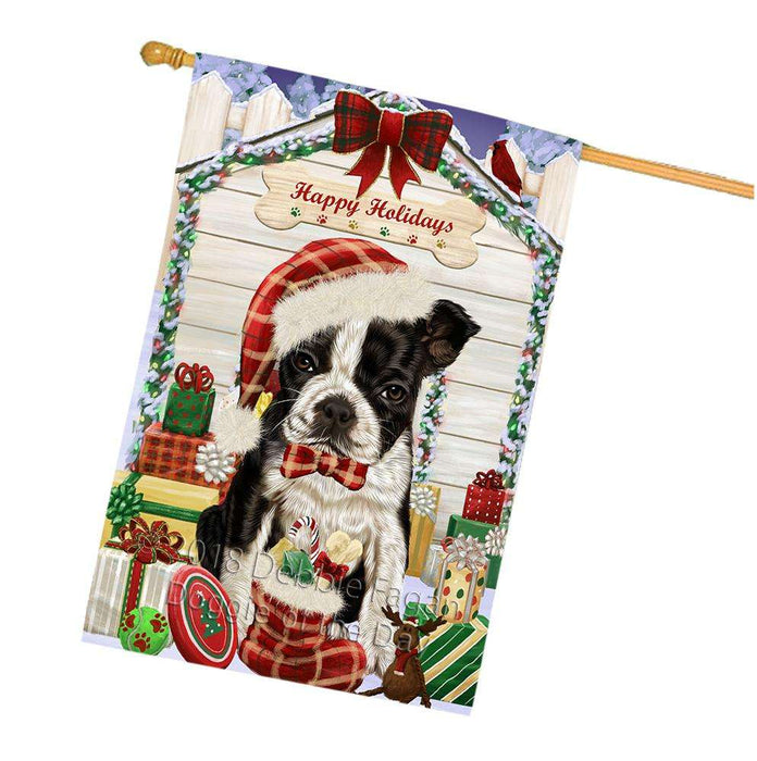 Happy Holidays Christmas Boston Terrier Dog House with Presents House Flag FLG51412