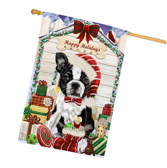 Happy Holidays Christmas Boston Terrier Dog House with Presents House Flag FLG51413