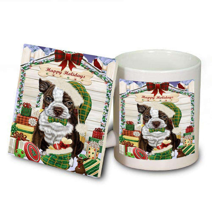 Happy Holidays Christmas Boston Terrier Dog House with Presents Mug and Coaster Set MUC51344