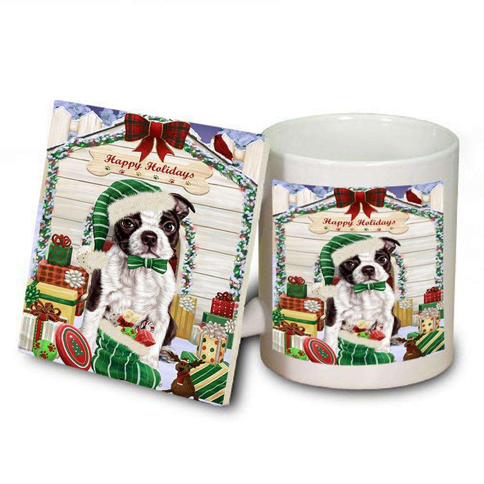 Happy Holidays Christmas Boston Terrier Dog House with Presents Mug and Coaster Set MUC51345