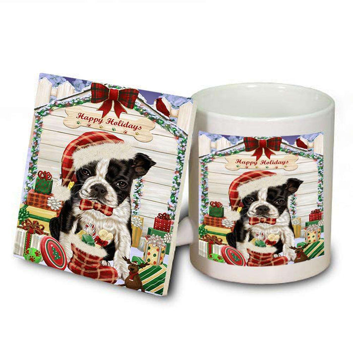 Happy Holidays Christmas Boston Terrier Dog House with Presents Mug and Coaster Set MUC51346