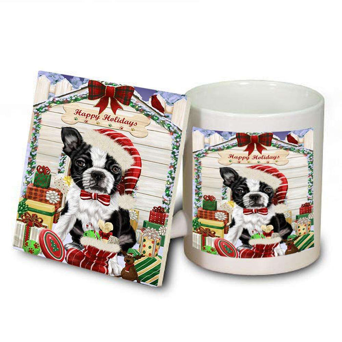 Happy Holidays Christmas Boston Terrier Dog House with Presents Mug and Coaster Set MUC51347