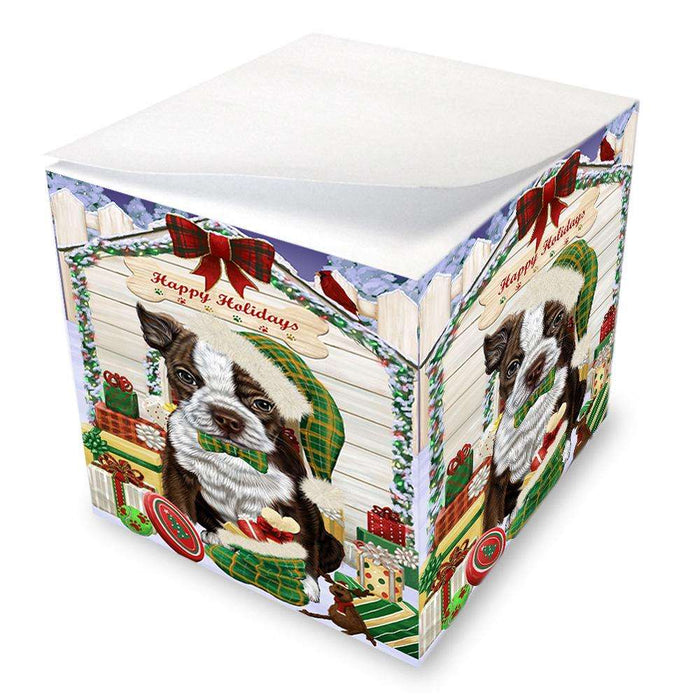 Happy Holidays Christmas Boston Terrier Dog House with Presents Note Cube NOC51352