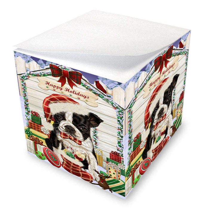 Happy Holidays Christmas Boston Terrier Dog House with Presents Note Cube NOC51354