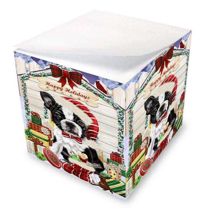 Happy Holidays Christmas Boston Terrier Dog House with Presents Note Cube NOC51355