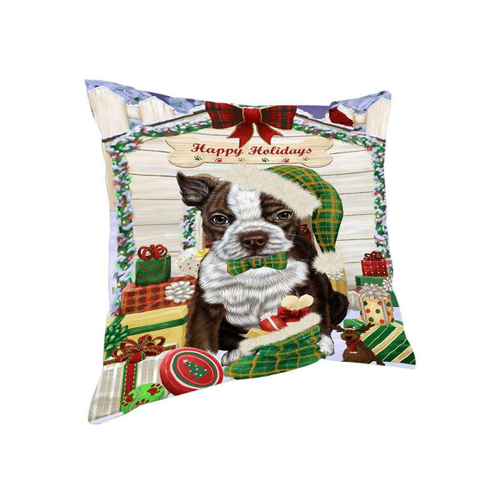 Happy Holidays Christmas Boston Terrier Dog House with Presents Pillow PIL61472