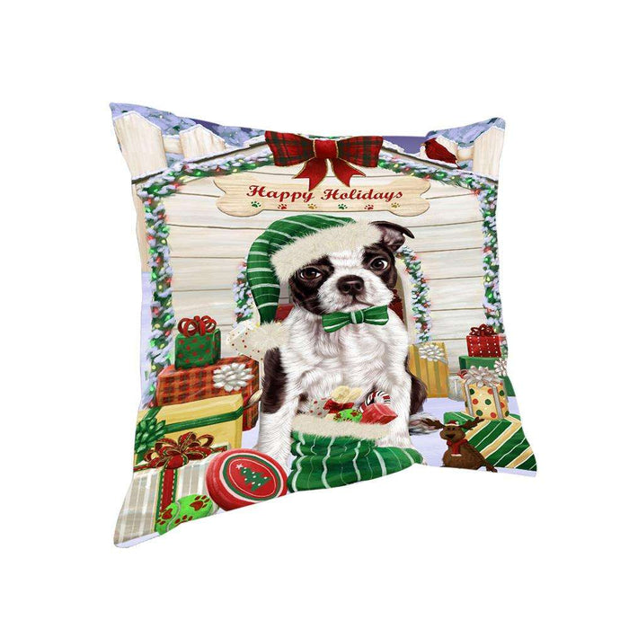 Happy Holidays Christmas Boston Terrier Dog House with Presents Pillow PIL61476