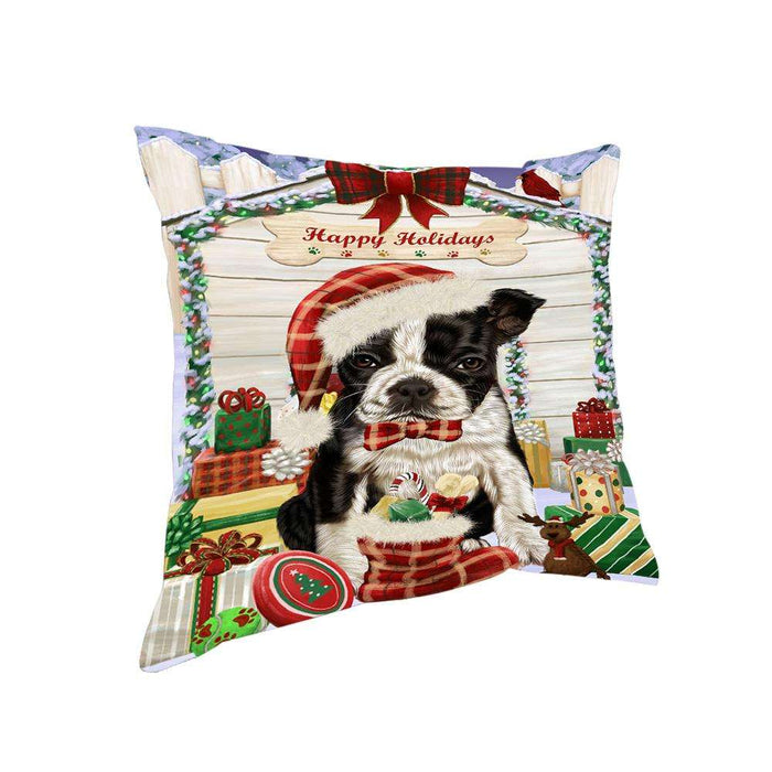 Happy Holidays Christmas Boston Terrier Dog House with Presents Pillow PIL61480