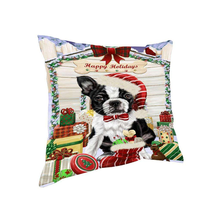 Happy Holidays Christmas Boston Terrier Dog House with Presents Pillow PIL61484