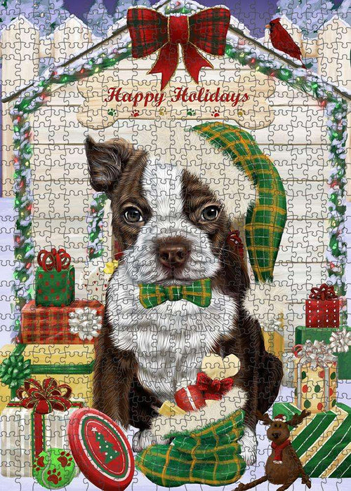 Happy Holidays Christmas Boston Terrier Dog House with Presents Puzzle with Photo Tin PUZL57918