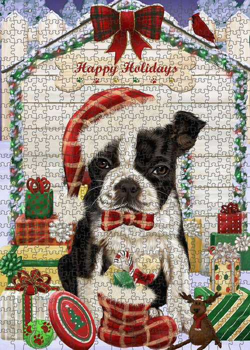 Happy Holidays Christmas Boston Terrier Dog House with Presents Puzzle with Photo Tin PUZL57924