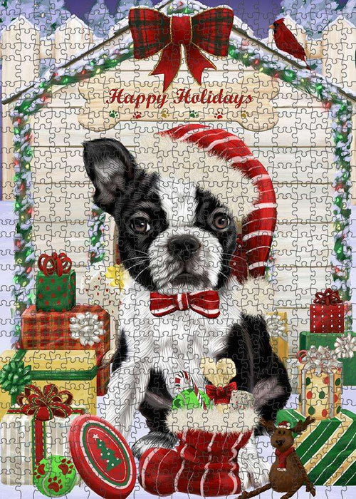Happy Holidays Christmas Boston Terrier Dog House with Presents Puzzle with Photo Tin PUZL57927