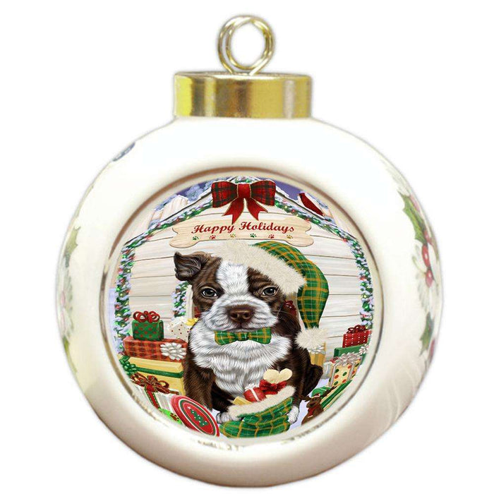 Happy Holidays Christmas Boston Terrier Dog House with Presents Round Ball Christmas Ornament RBPOR51352