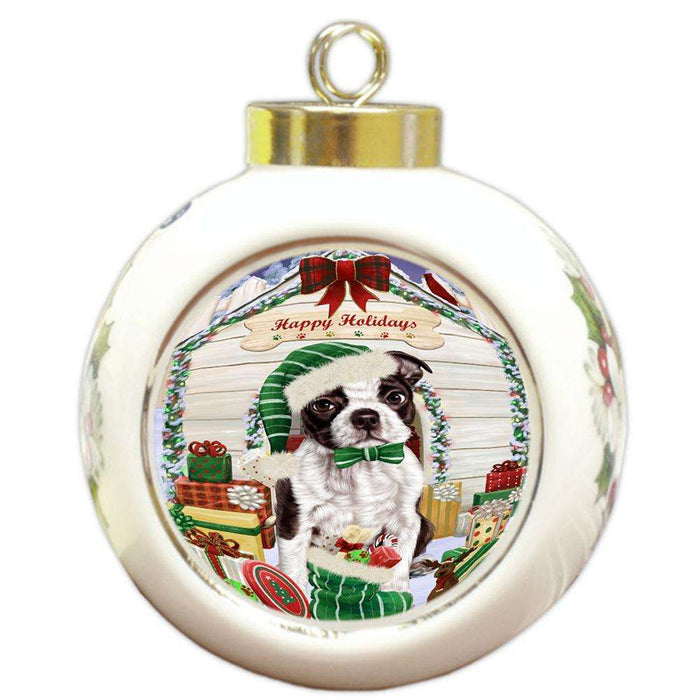 Happy Holidays Christmas Boston Terrier Dog House with Presents Round Ball Christmas Ornament RBPOR51353
