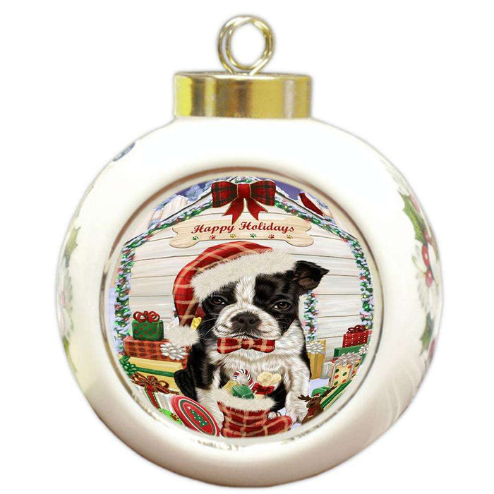 Happy Holidays Christmas Boston Terrier Dog House with Presents Round Ball Christmas Ornament RBPOR51354