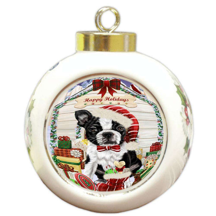 Happy Holidays Christmas Boston Terrier Dog House with Presents Round Ball Christmas Ornament RBPOR51355