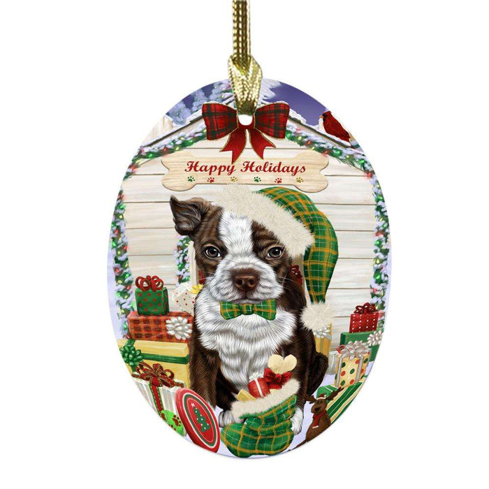 Happy Holidays Christmas Boston Terrier House With Presents Oval Glass Christmas Ornament OGOR49802