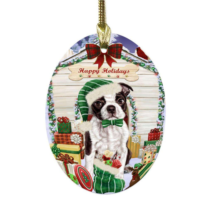 Happy Holidays Christmas Boston Terrier House With Presents Oval Glass Christmas Ornament OGOR49803