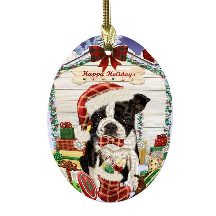Happy Holidays Christmas Boston Terrier House With Presents Oval Glass Christmas Ornament OGOR49804