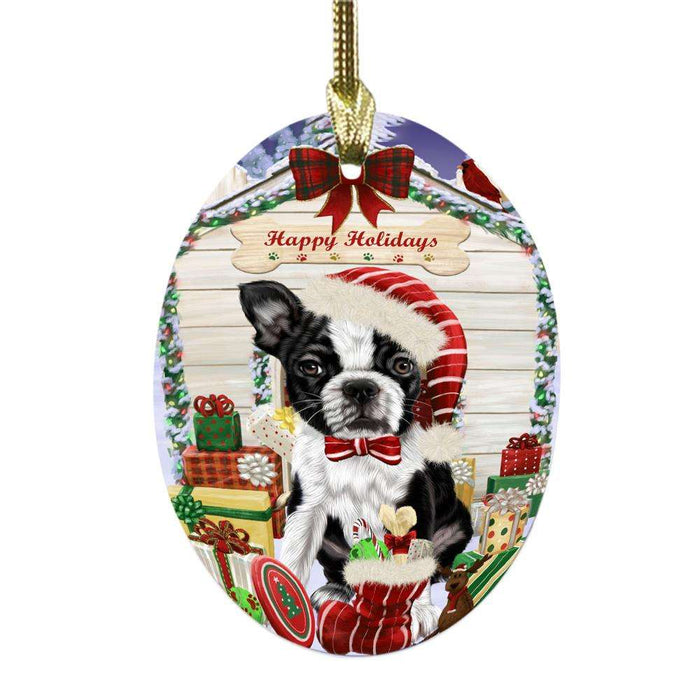 Happy Holidays Christmas Boston Terrier House With Presents Oval Glass Christmas Ornament OGOR49805