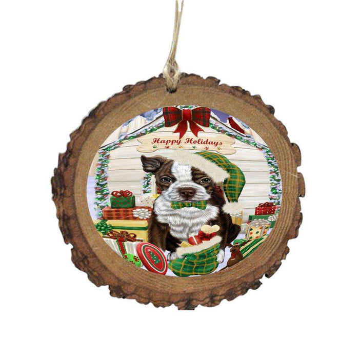 Happy Holidays Christmas Boston Terrier House With Presents Wooden Christmas Ornament WOR49802