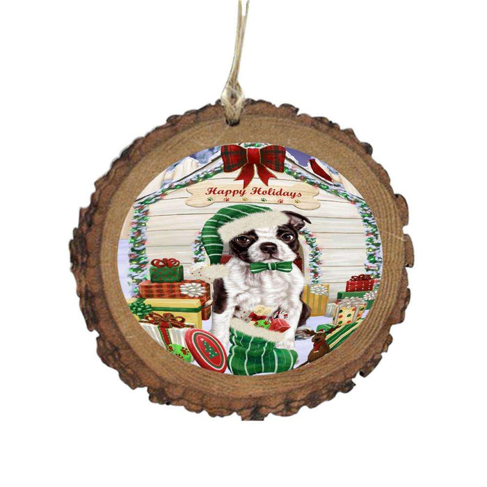 Happy Holidays Christmas Boston Terrier House With Presents Wooden Christmas Ornament WOR49803