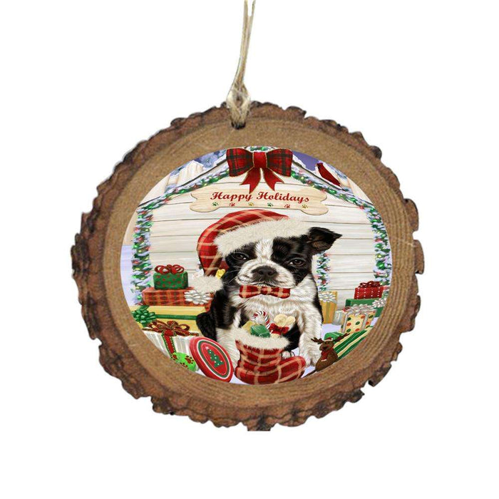 Happy Holidays Christmas Boston Terrier House With Presents Wooden Christmas Ornament WOR49804
