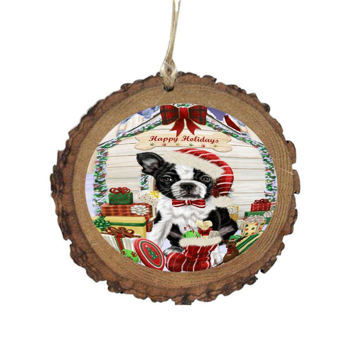 Happy Holidays Christmas Boston Terrier House With Presents Wooden Christmas Ornament WOR49805