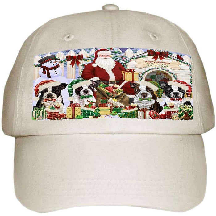 Happy Holidays Christmas Boston Terriers Dog House Gathering Ball Hat Cap HAT57585