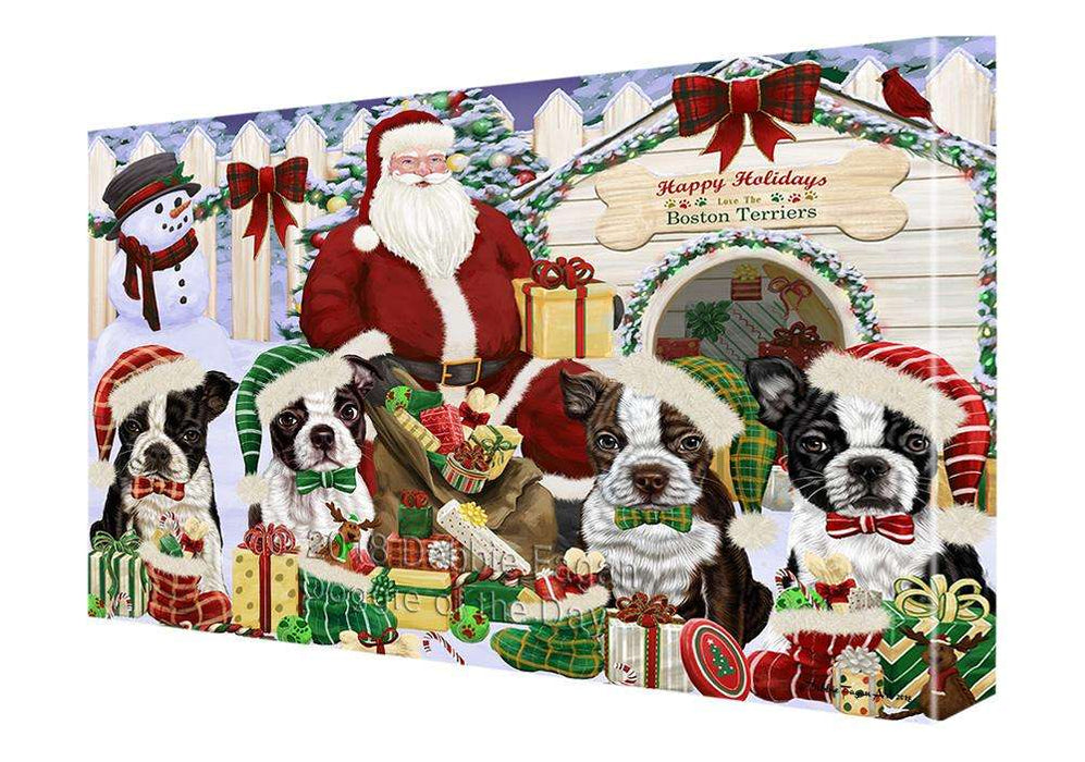 Happy Holidays Christmas Boston Terriers Dog House Gathering Canvas Print Wall Art Décor CVS78146