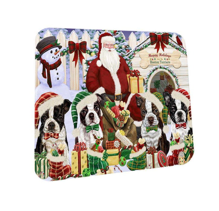 Happy Holidays Christmas Boston Terriers Dog House Gathering Coasters Set of 4 CST51243