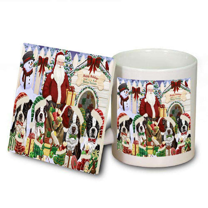 Happy Holidays Christmas Boston Terriers Dog House Gathering Mug and Coaster Set MUC51276